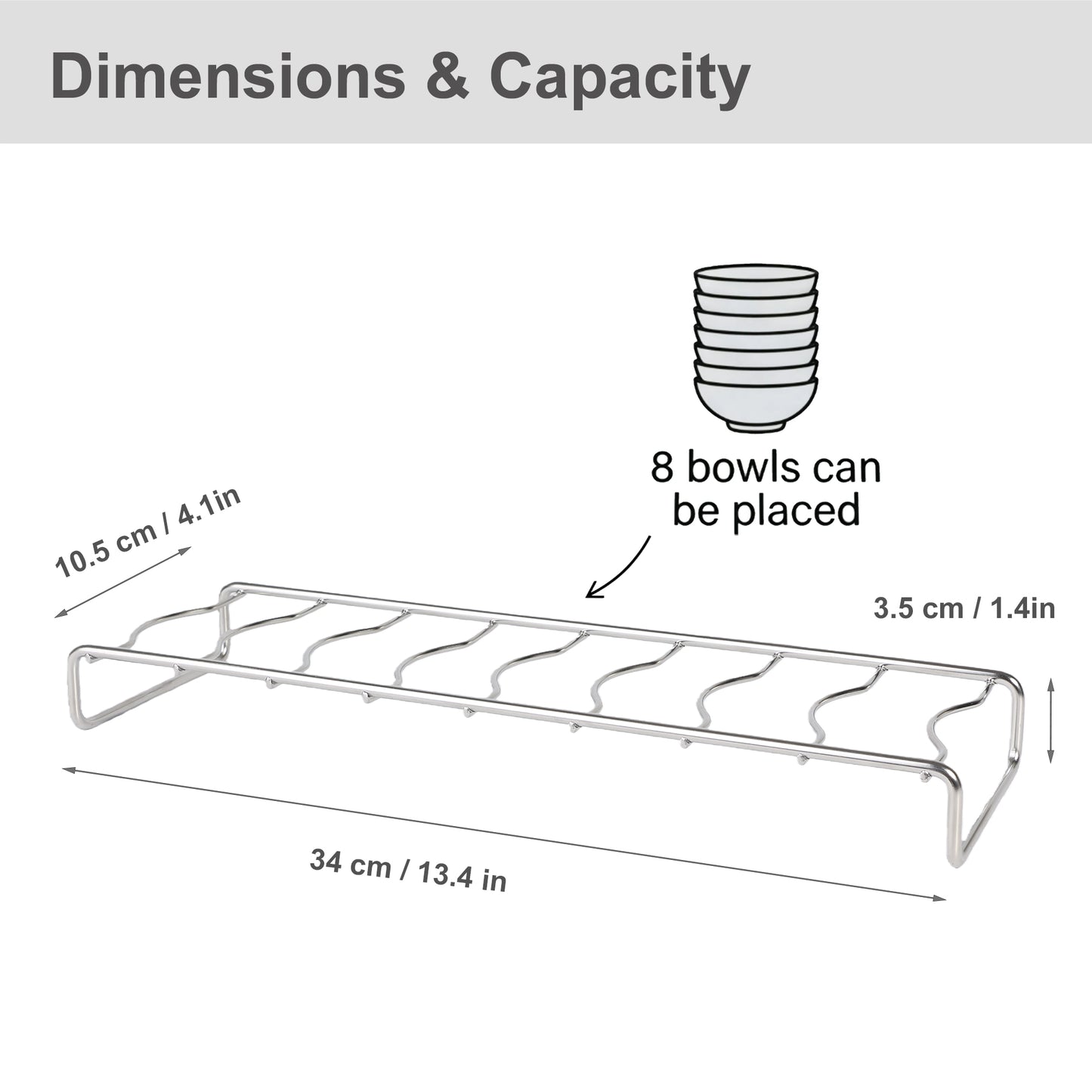 SUS304 stainless steel bowl rack measuring 13.4 x 4.1 x 1.4 inches, featuring a sturdy design that holds up to 8 bowls