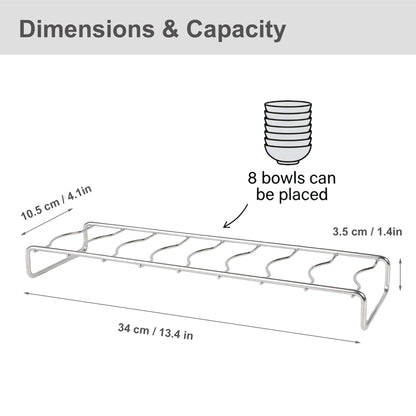 SUS304 stainless steel bowl rack measuring 13.4 x 4.1 x 1.4 inches, featuring a sturdy design that holds up to 8 bowls