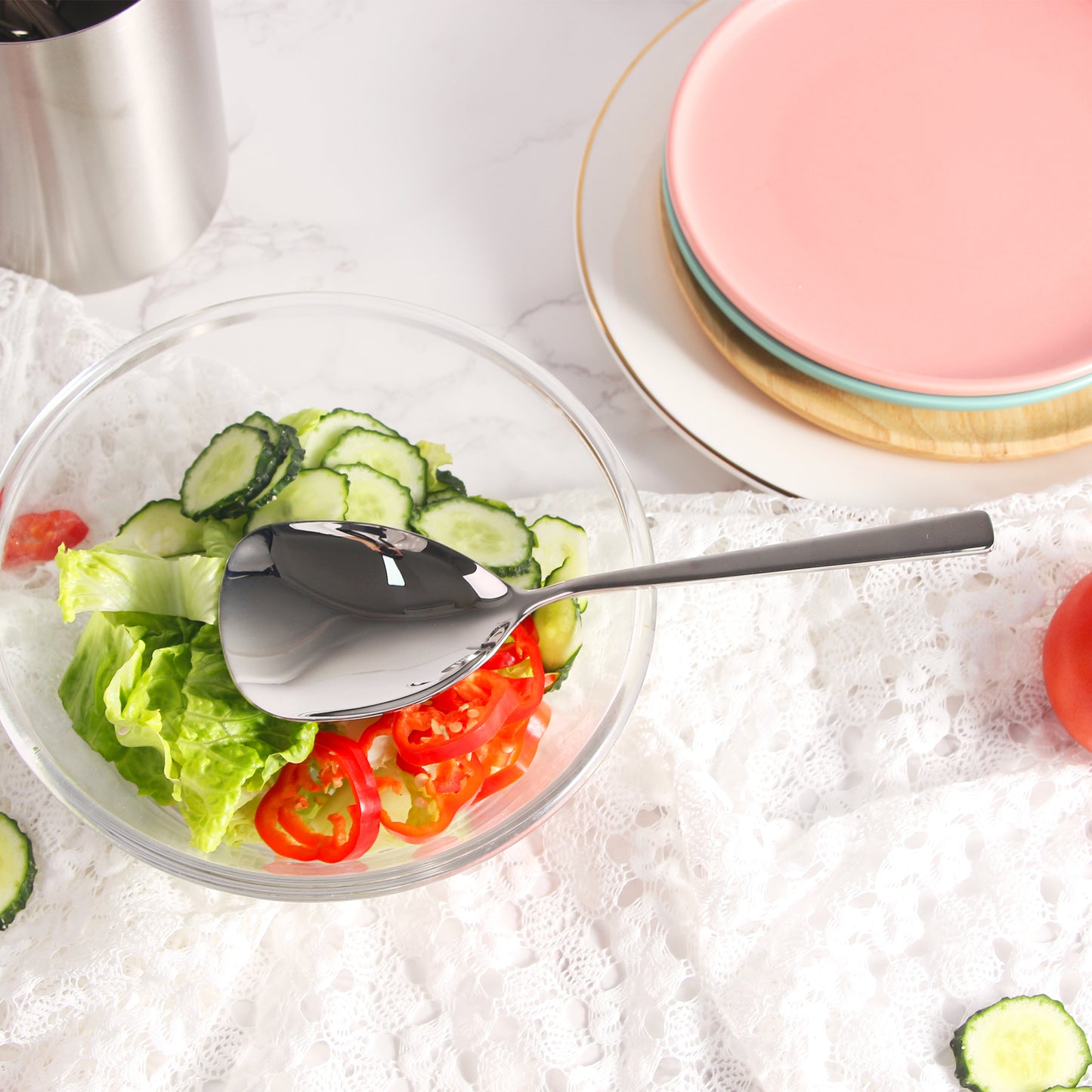 IMEEA Serving Spoon placed in salad for serving fresh dishes at family meals
