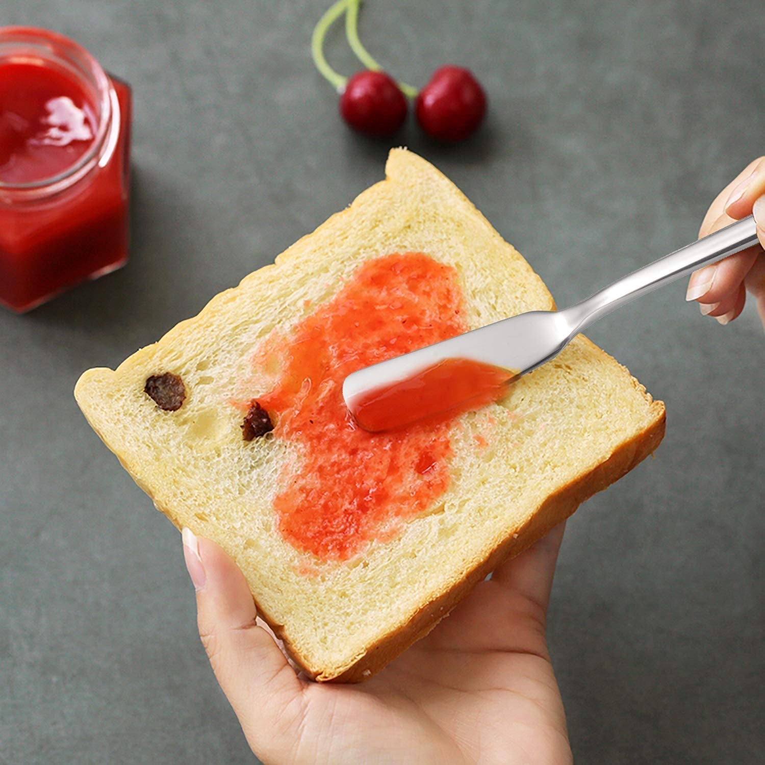 IMEEA Jam Spreader with Stainless Steel Blade spreading jam on toast