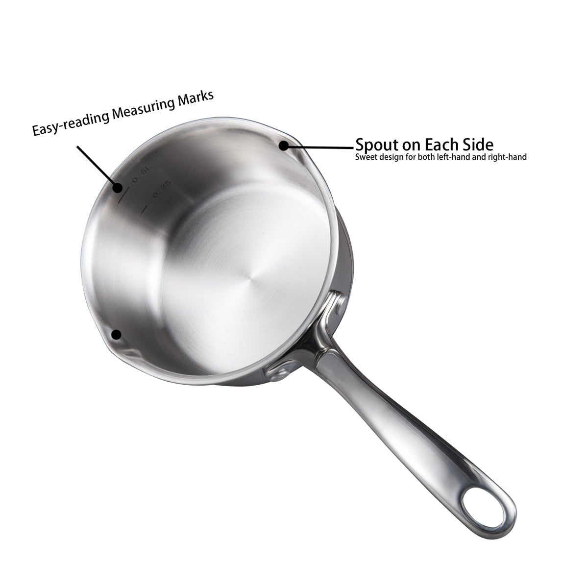 Stainless Steel Butter Warmer saucepan featuring clear measuring marks and pour spouts on both sides