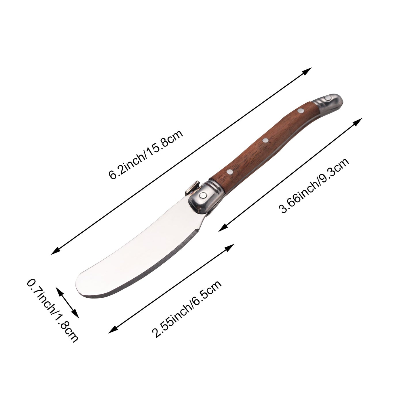 IMEEA butter spreader set size chart showing 6.2inch total length and 3.66inch handle length
