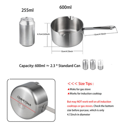 IMEEA 20oz Tri-Ply 18/10 Stainless Steel Butter Warmer with detailed measurements and size comparison to a beverage can