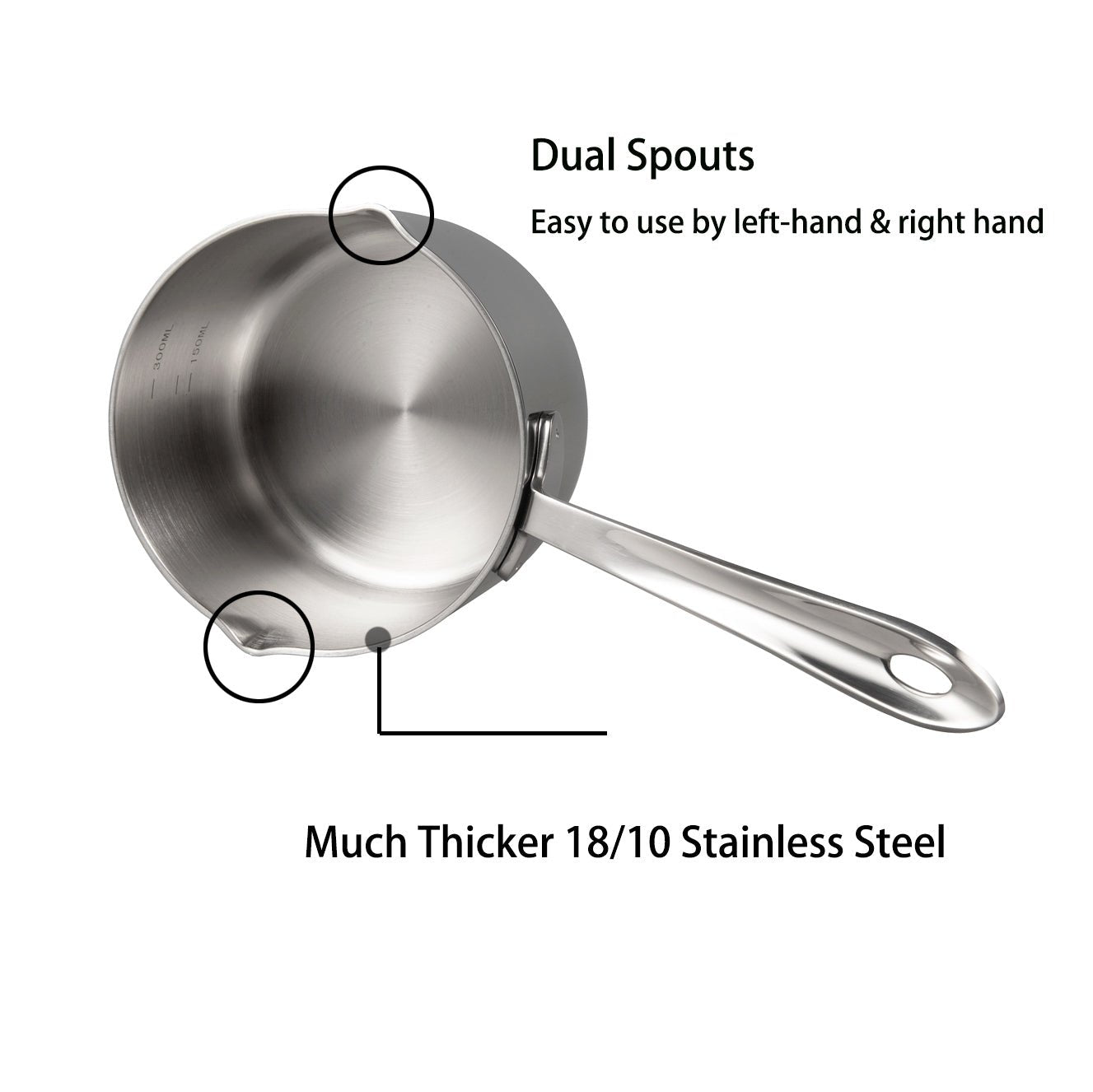 Butter Warmer with thick 18/10 stainless steel construction and dual pour spouts for left or right hand use