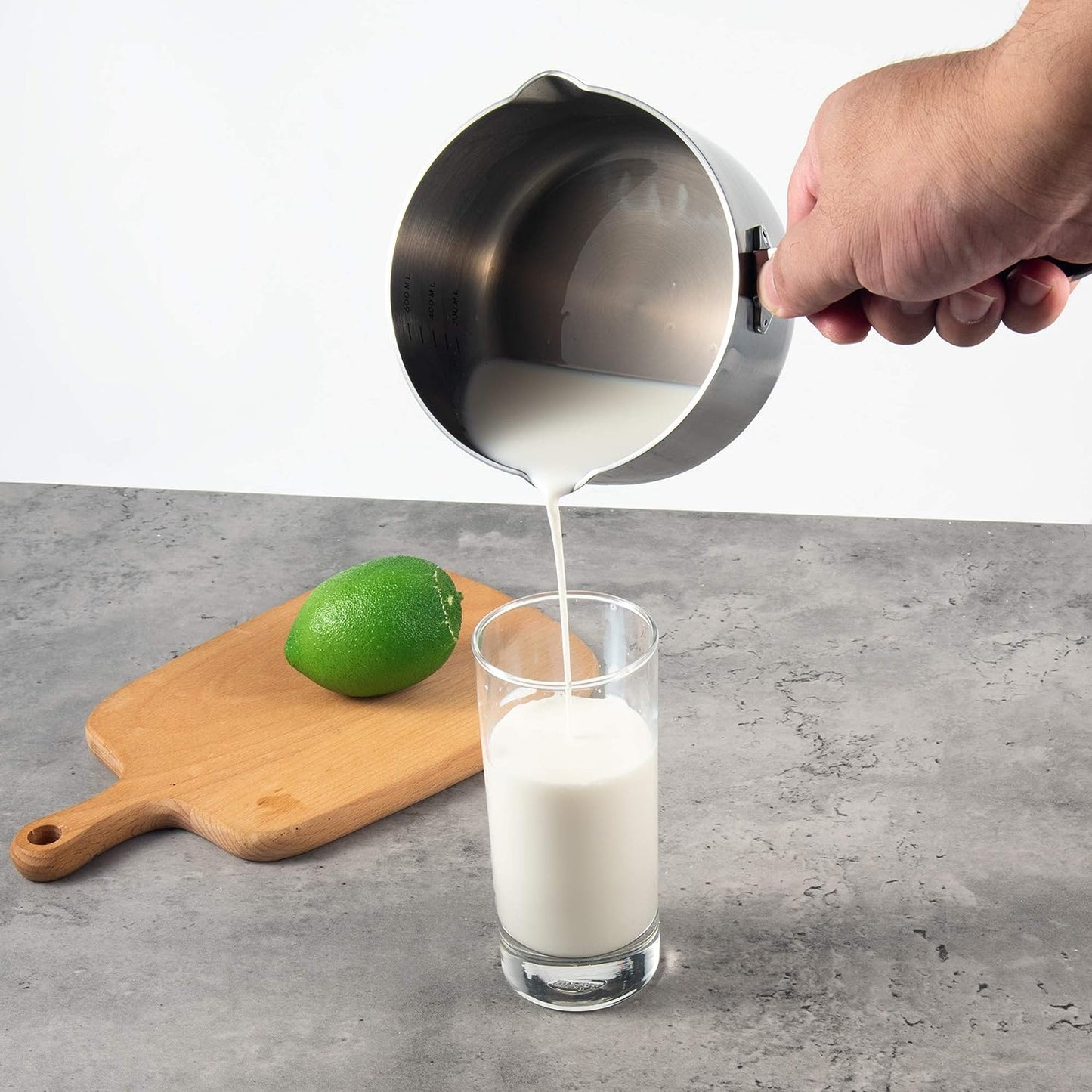 IMEEA Tri-Ply 18/10 Stainless Steel Butter Warmer with dual pour spouts for precise milk pouring