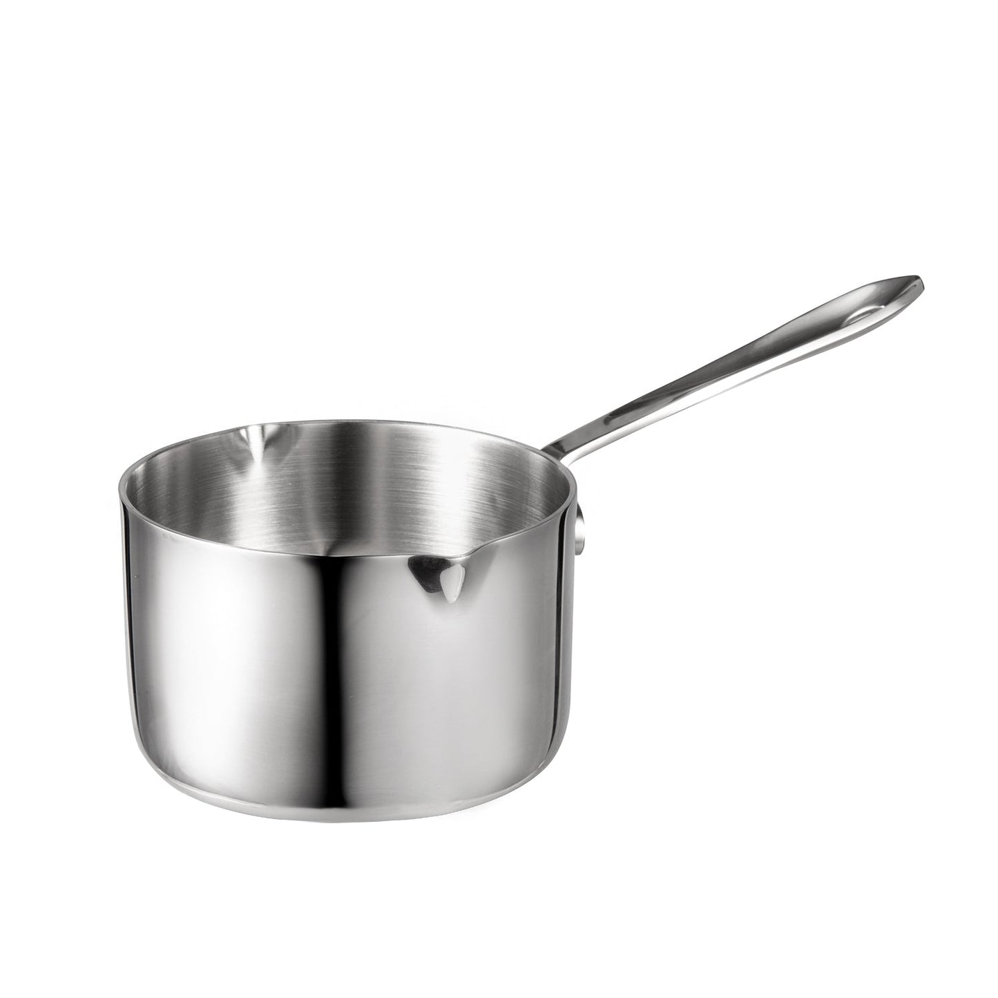 IMEEA Tri-Ply 18/10 Stainless Steel Butter Warmer with angled view showcasing its sleek shape and convenient handle design