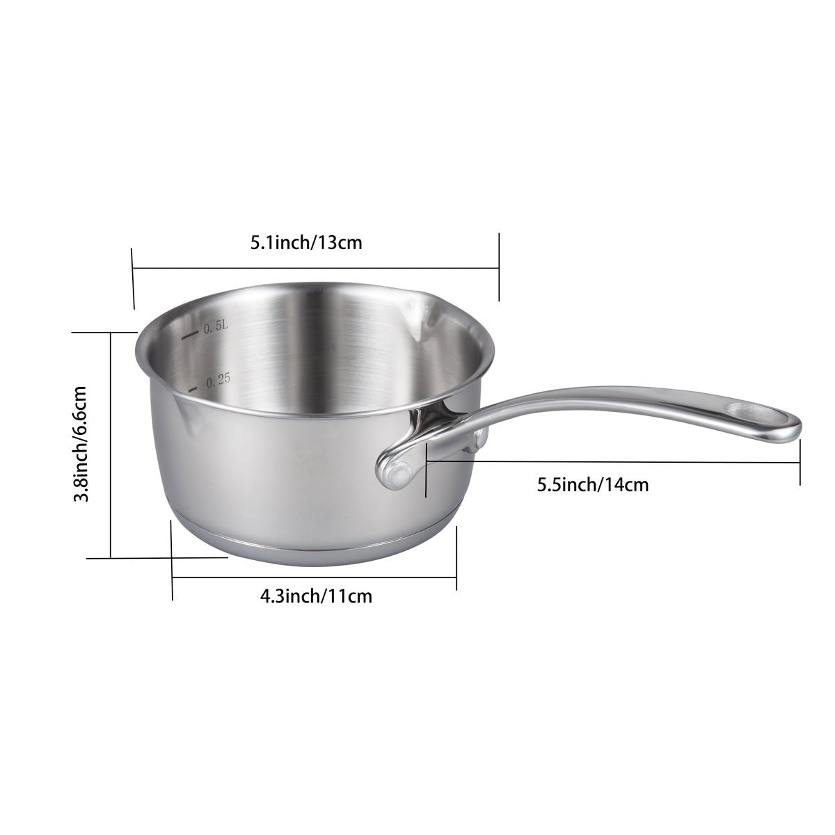 IMEEA Butter Warmer Saucepan size guide showing 5.1inch top diameter, 4.3inch bottom diameter and 3.8inch height