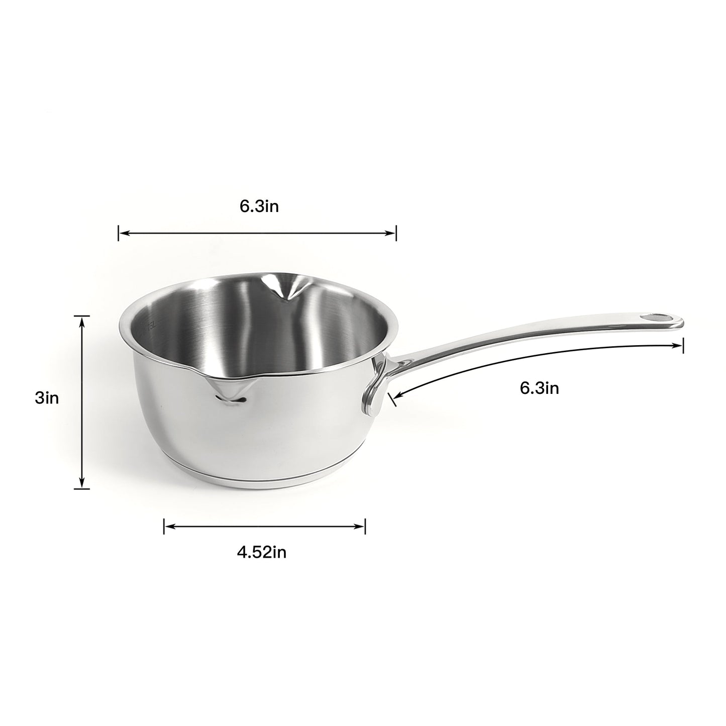 IMEEA Butter Warmer Saucepan size guide showing 6.3inch top diameter, 4.52inch bottom diameter and 3inch height