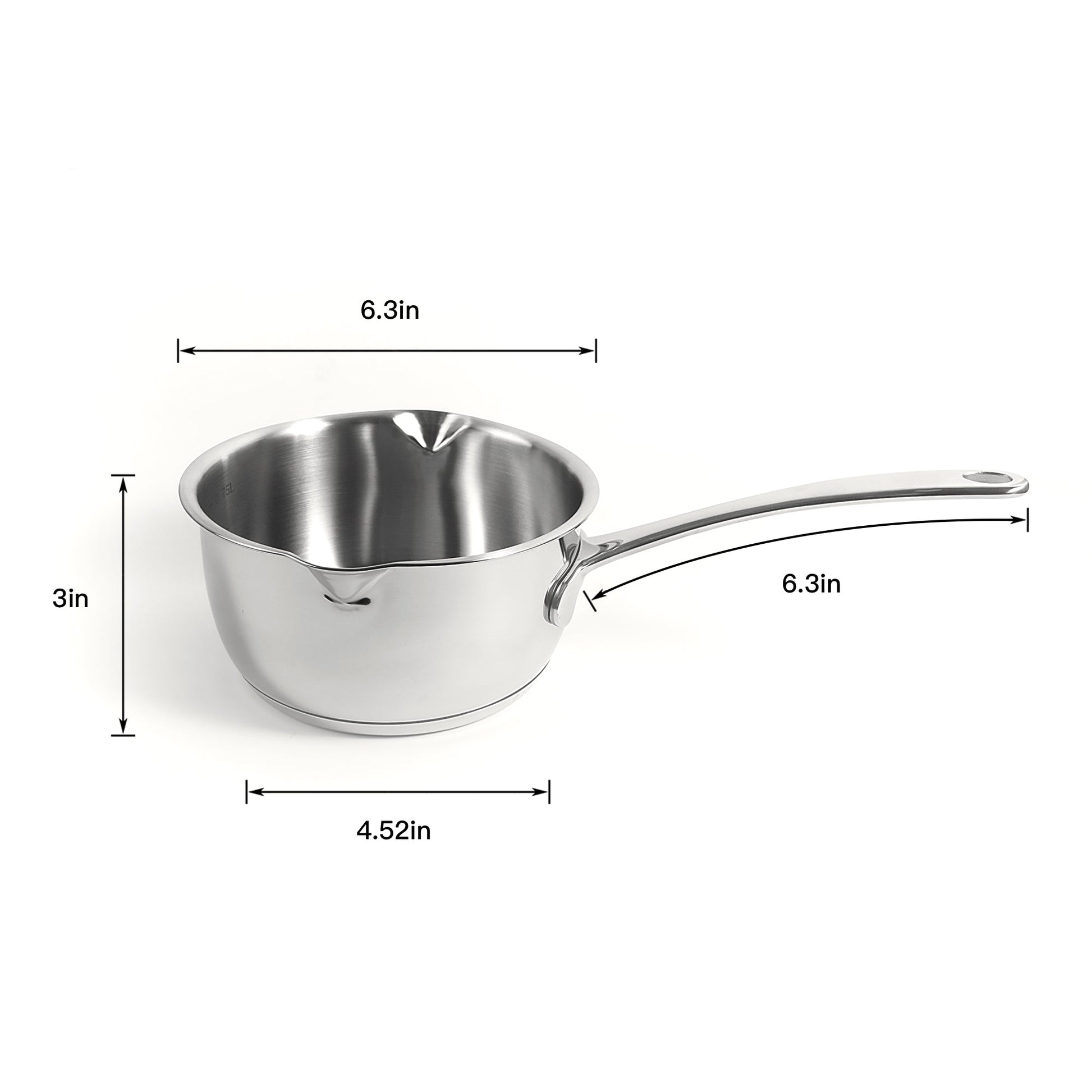 IMEEA Butter Warmer Saucepan size guide showing 6.3inch top diameter, 4.52inch bottom diameter and 3inch height