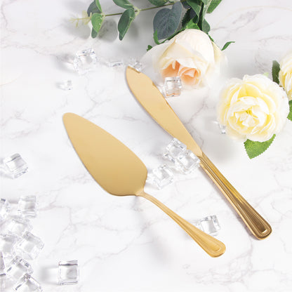 IMEEA gold cake knife and server set displayed on a table, showcasing its elegant gold finish and two-piece design