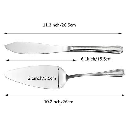 IMEEA wedding cake knife and server set size chart showing the 11.2inch cake knife length and 10.2inch cake server length