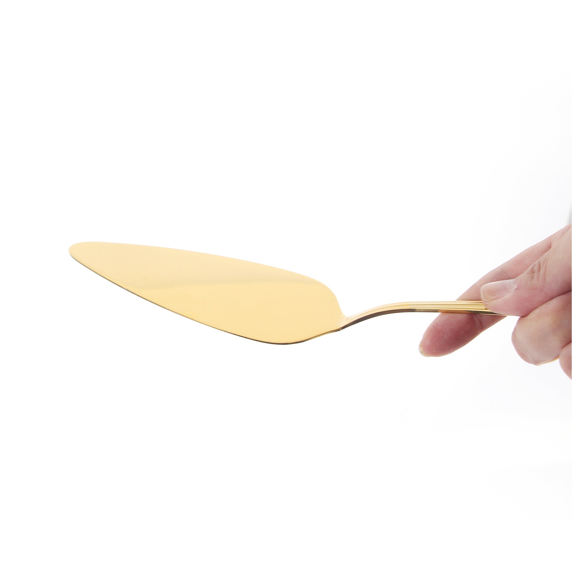 IMEEA gold cake server held in hand, showcasing its sleek design