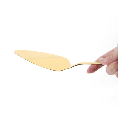 IMEEA gold cake server held in hand, showcasing its sleek design