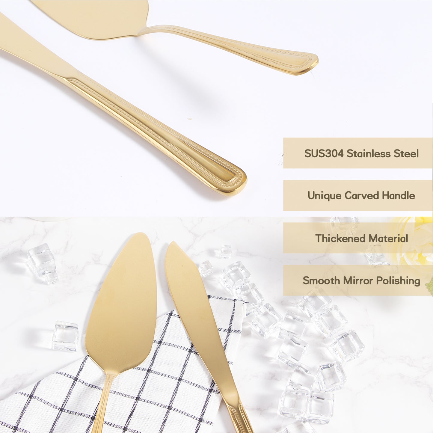 IMEEA SUS304 stainless steel cake knife and server set featuring a carved handle and smooth mirror polished surface