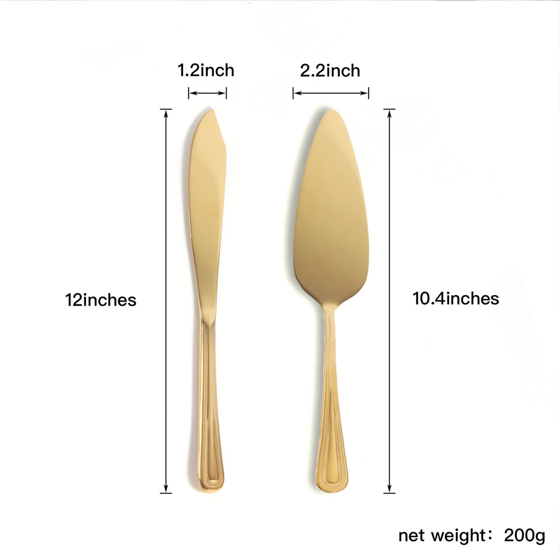 IMEEA gold cake knife and server set size chart showing the 12inch cake knife length and 10.4inch cake server length