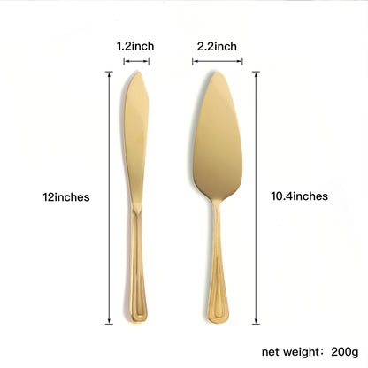 IMEEA gold cake knife and server set size chart showing the 12inch cake knife length and 10.4inch cake server length