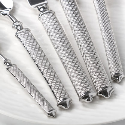 IMEEA Cambridge Textured Flatware Set Detail Showing Decorative Handle End Design with Refined Pattern