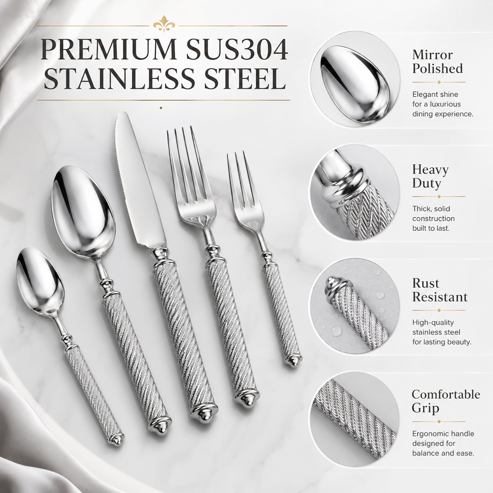 IMEEA Cambridge Textured Flatware Set Detail View Showing Thick Handle Design, Refined Textured Details, and Solid Stainless Steel Construction