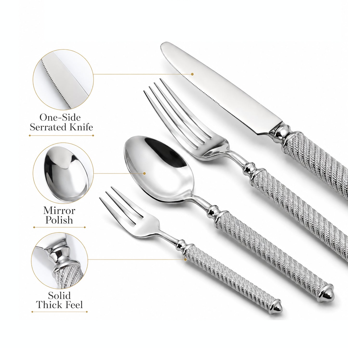 IMEEA Flatware Set Close-Up Featuring Durable Knife Serration, Smooth Mirror Finish Spoon, and Solid Handle Construction