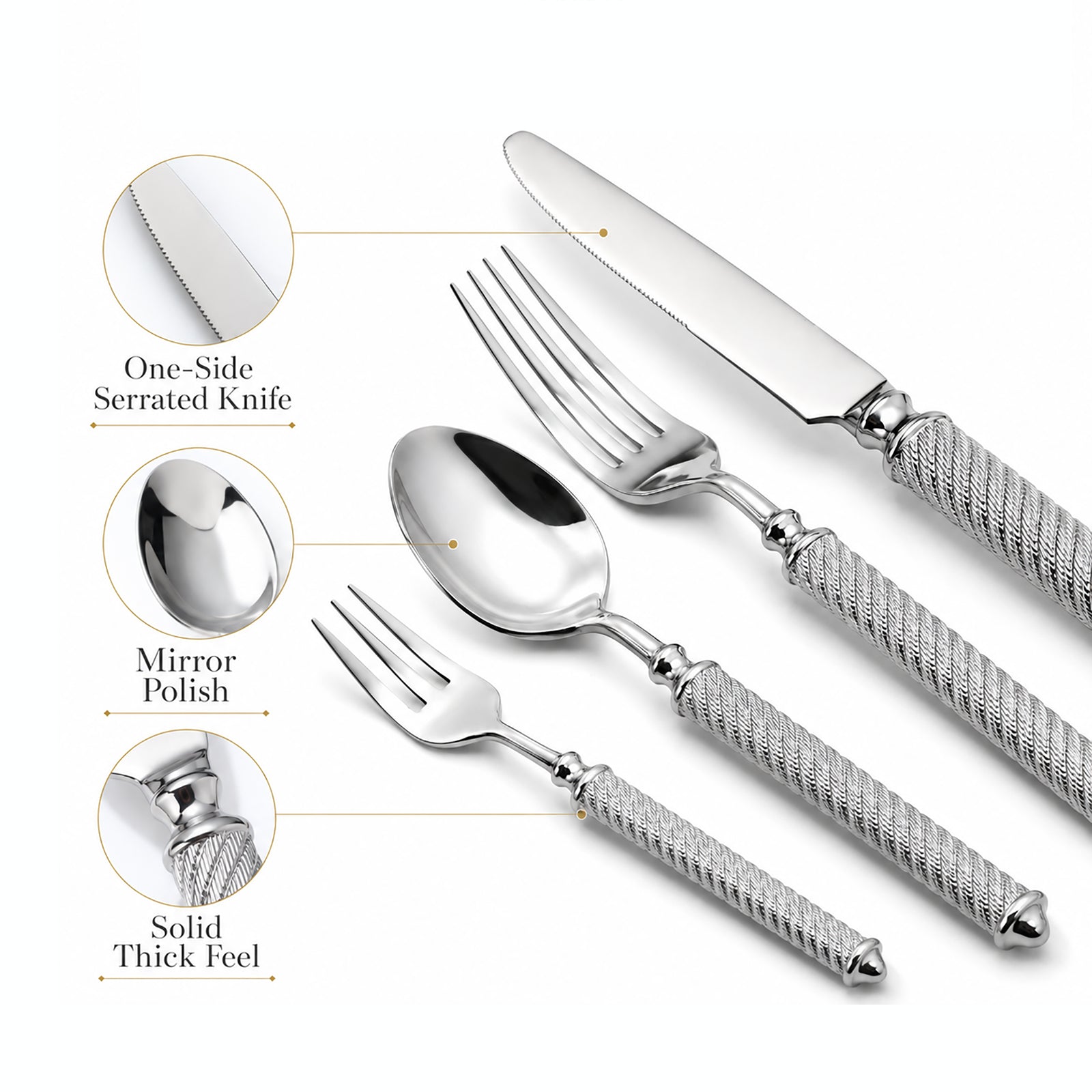 IMEEA Flatware Set Close-Up Featuring Durable Knife Serration, Smooth Mirror Finish Spoon, and Solid Handle Construction