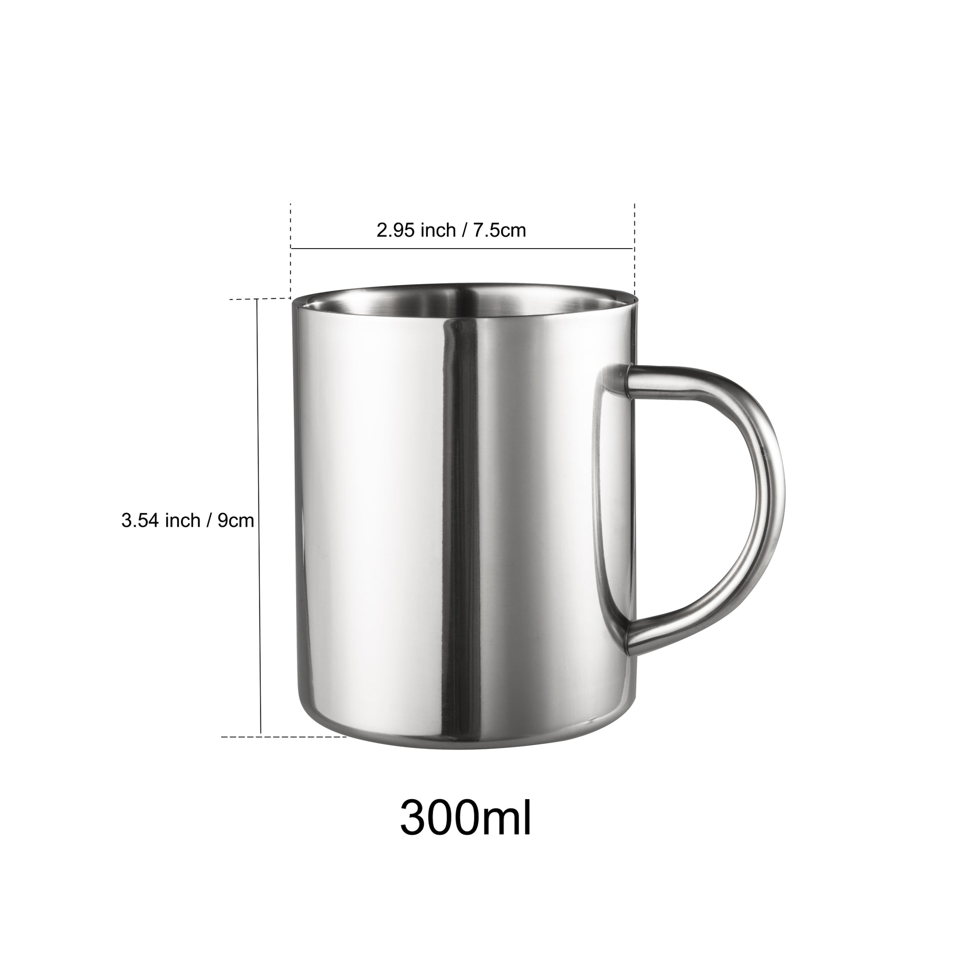 SUS304 Stainless Steel Double Wall Camping Coffee Mug 10oz Size Guide Showing 3.54 Inch Height and 2.95 Inch Opening Diameter