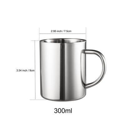 SUS304 Stainless Steel Double Wall Camping Coffee Mug 10oz Size Guide Showing 3.54 Inch Height and 2.95 Inch Opening Diameter
