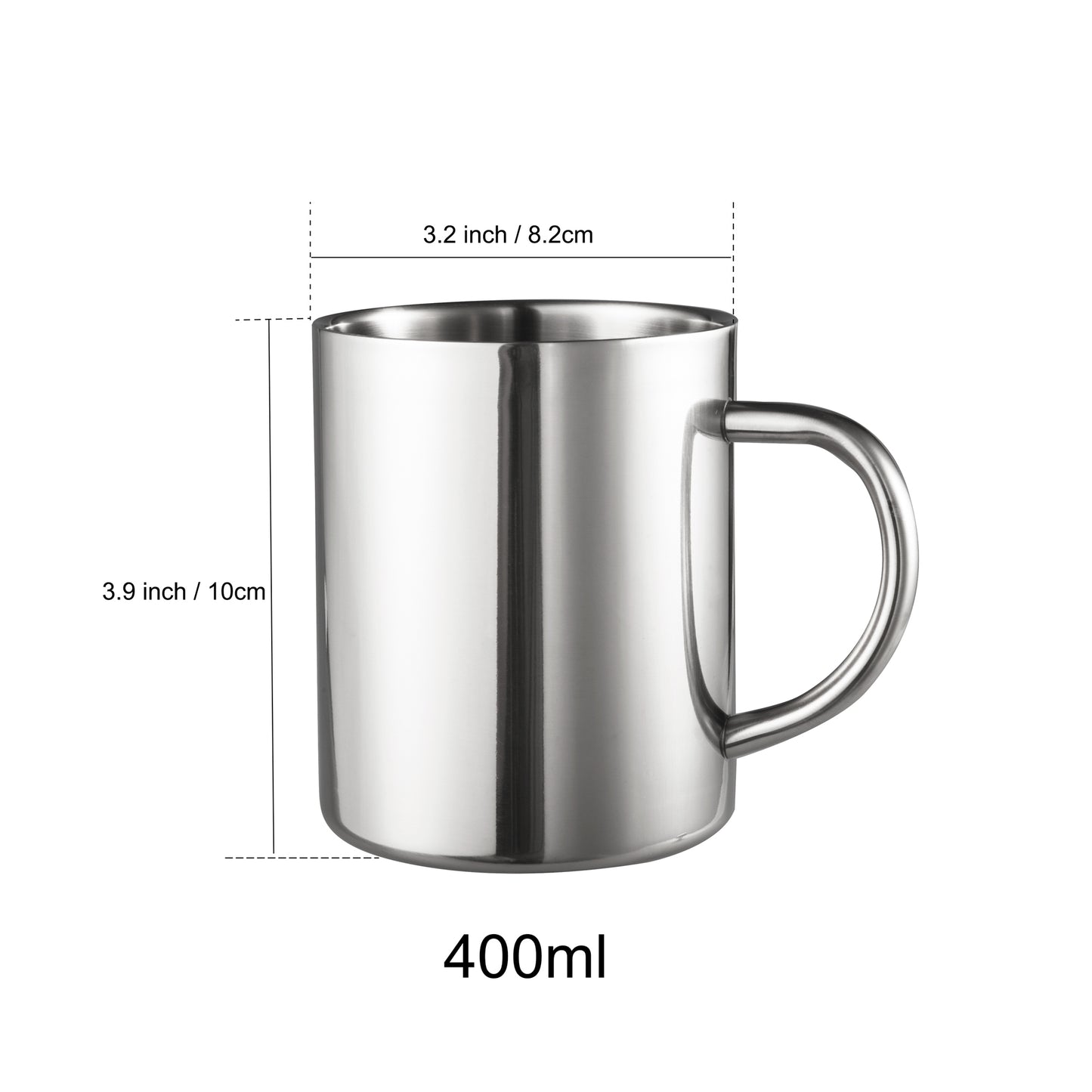 SUS304 Stainless Steel Double Wall Camping Coffee Mug 13.5oz Size Guide Showing 3.9 Inch Height and 3.2 Inch Opening Diameter