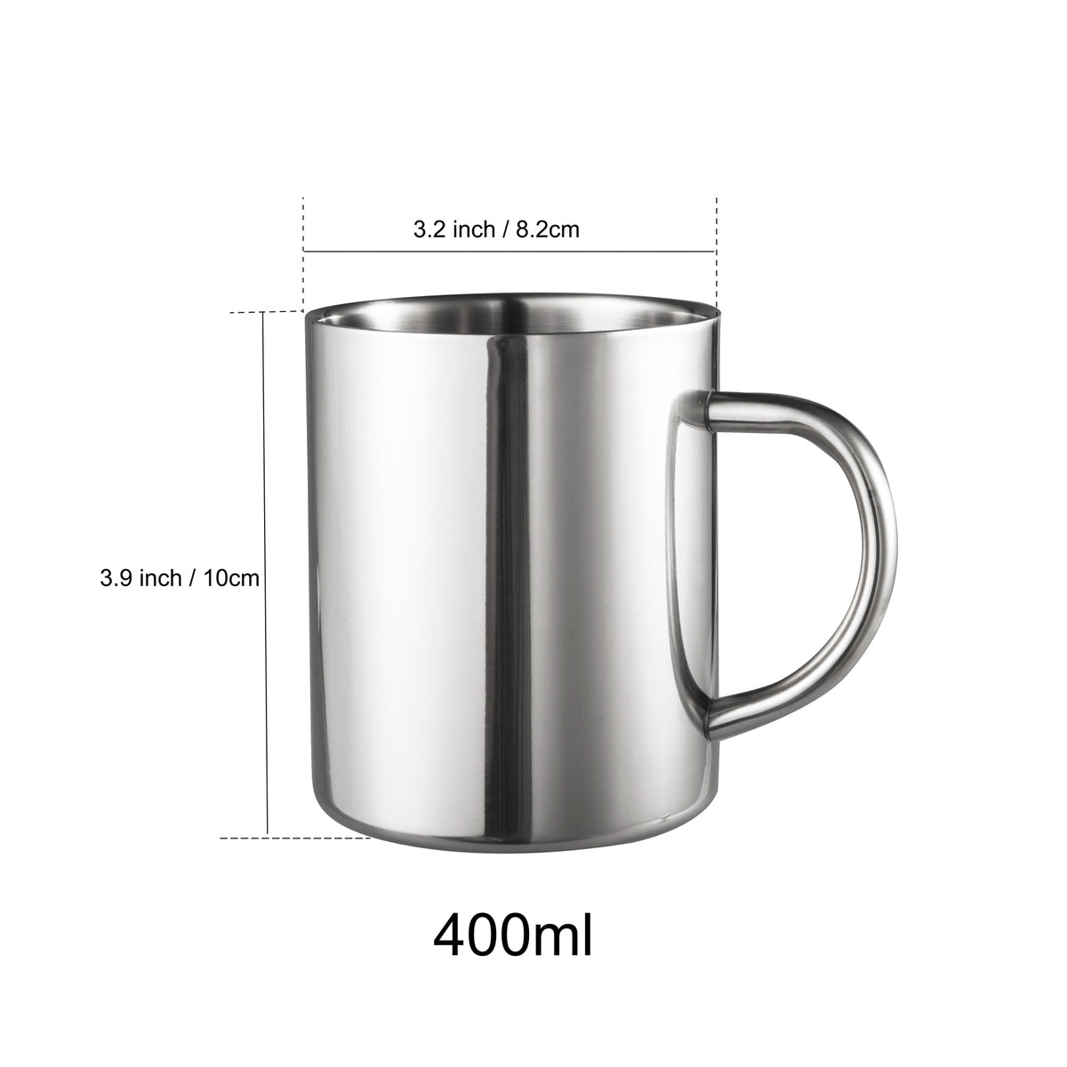SUS304 Stainless Steel Double Wall Camping Coffee Mug 13.5oz Size Guide Showing 3.9 Inch Height and 3.2 Inch Opening Diameter