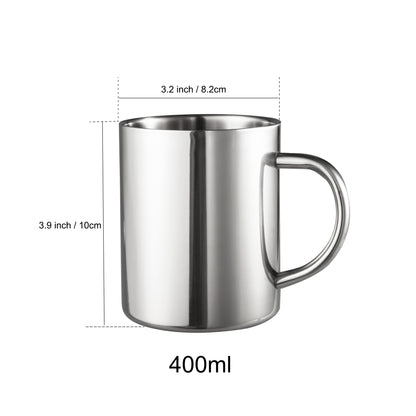 SUS304 Stainless Steel Double Wall Camping Coffee Mug 13.5oz Size Guide Showing 3.9 Inch Height and 3.2 Inch Opening Diameter
