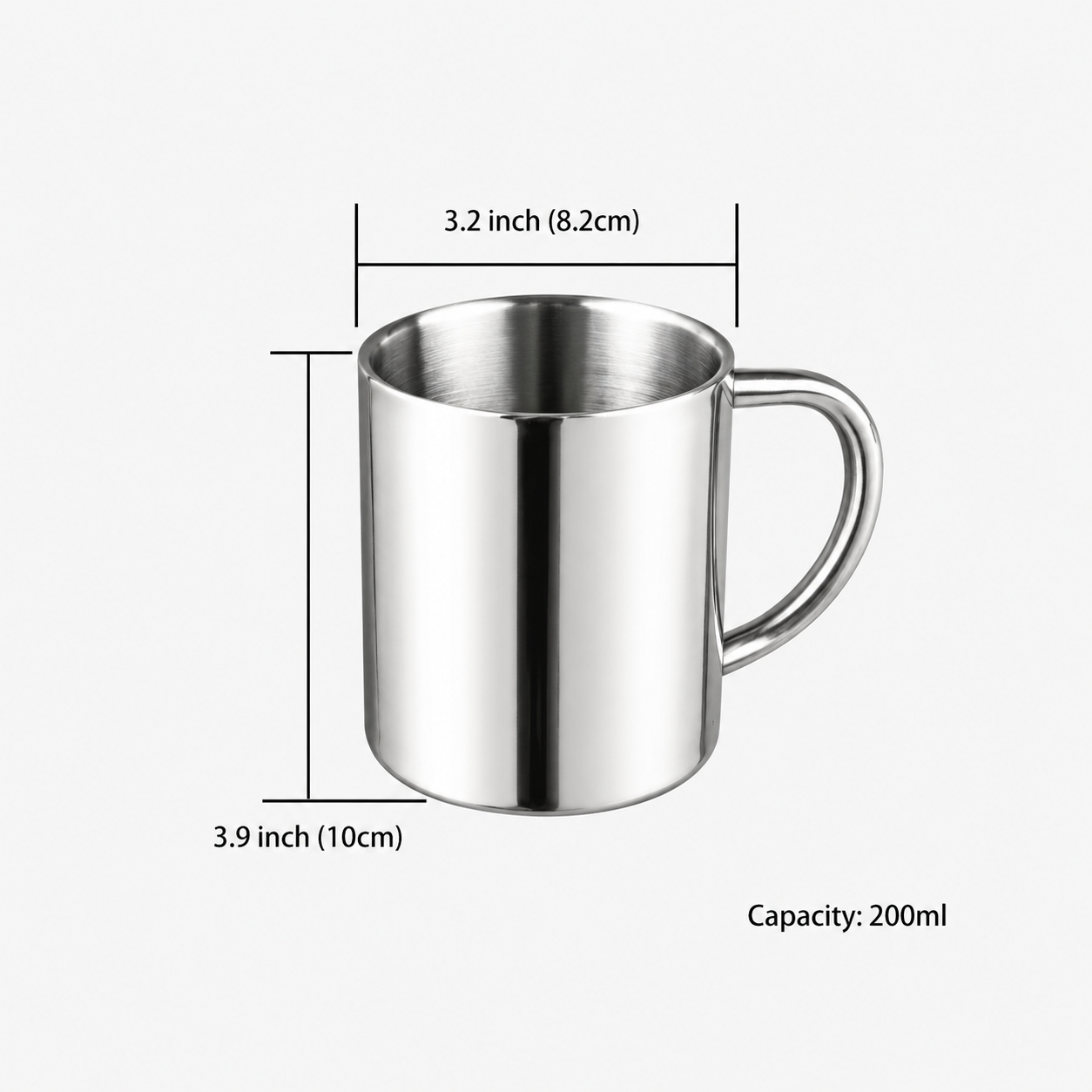 SUS304 Stainless Steel Double Wall Camping Coffee Mug 7.5oz Size Guide Showing 3.9 Inch Height and 3.2 Inch Diameter