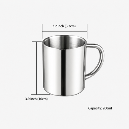 SUS304 Stainless Steel Double Wall Camping Coffee Mug 7.5oz Size Guide Showing 3.9 Inch Height and 3.2 Inch Diameter