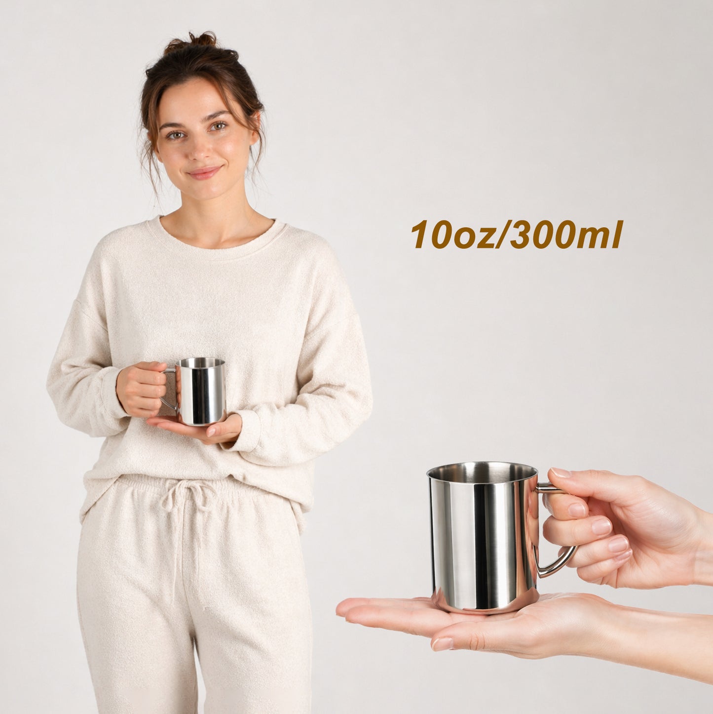 IMEEA 10oz stainless steel camping mug shown in hand to demonstrate its practical everyday size