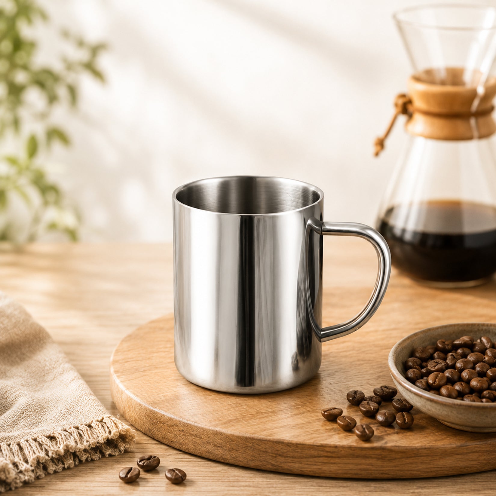 Camping mug with coffee beans displayed for a cozy coffee experience