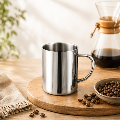 Camping mug with coffee beans displayed for a cozy coffee experience