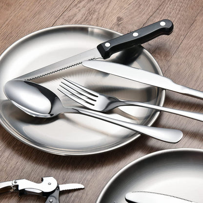 IMEEA camping silverware kit with stainless steel utensils and plates stacked together, showcasing the complete set design