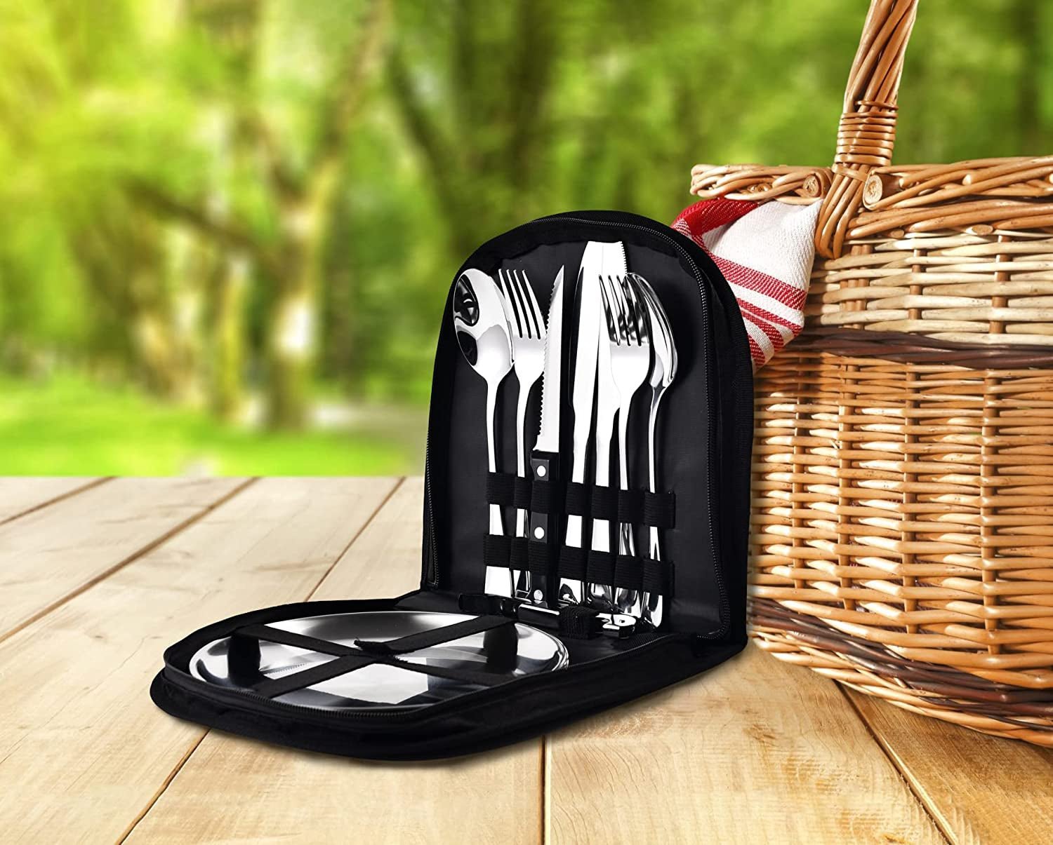 IMEEA camping silverware kit displayed beside a woven basket outdoors