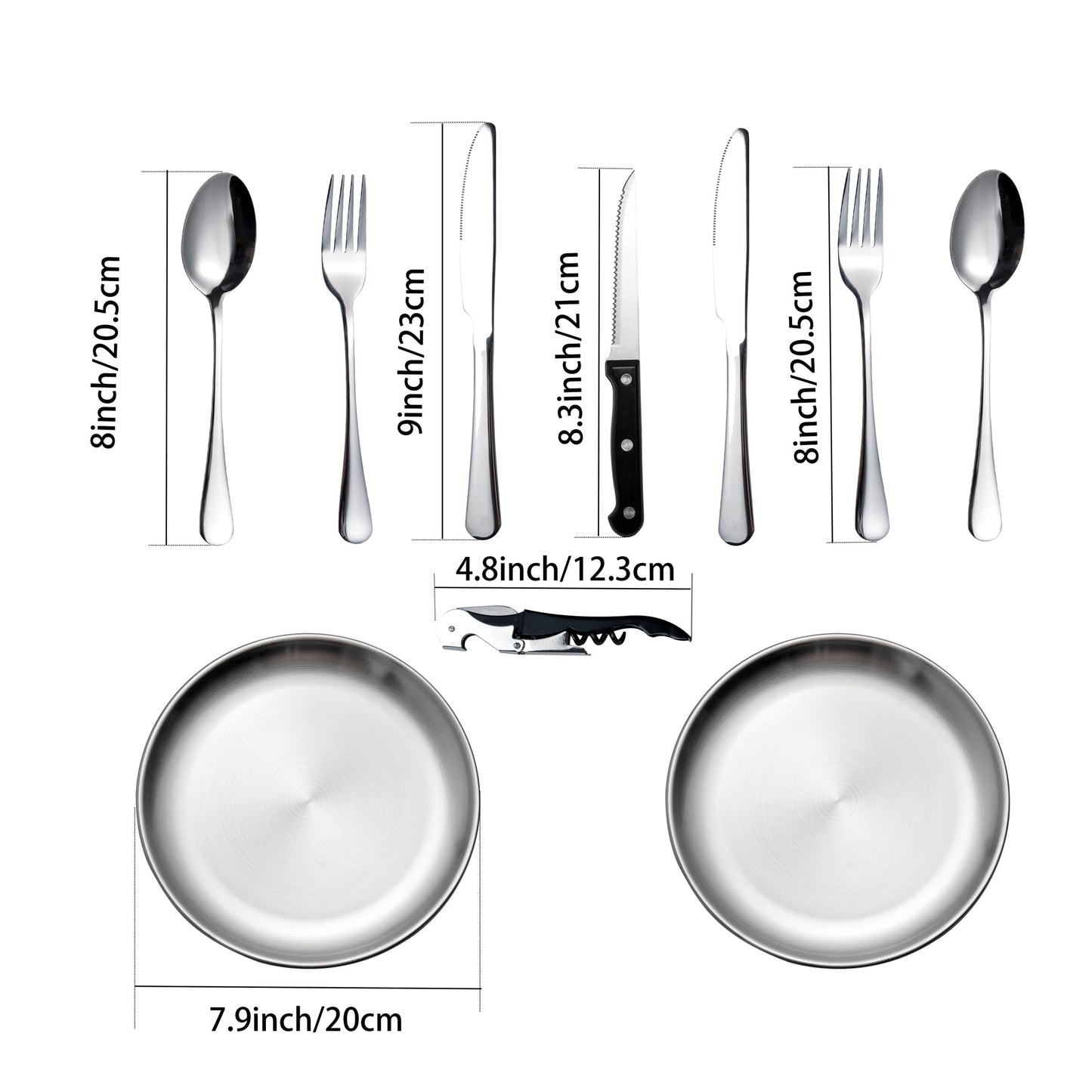 IMEEA camping silverware kit with measurements for all included pieces