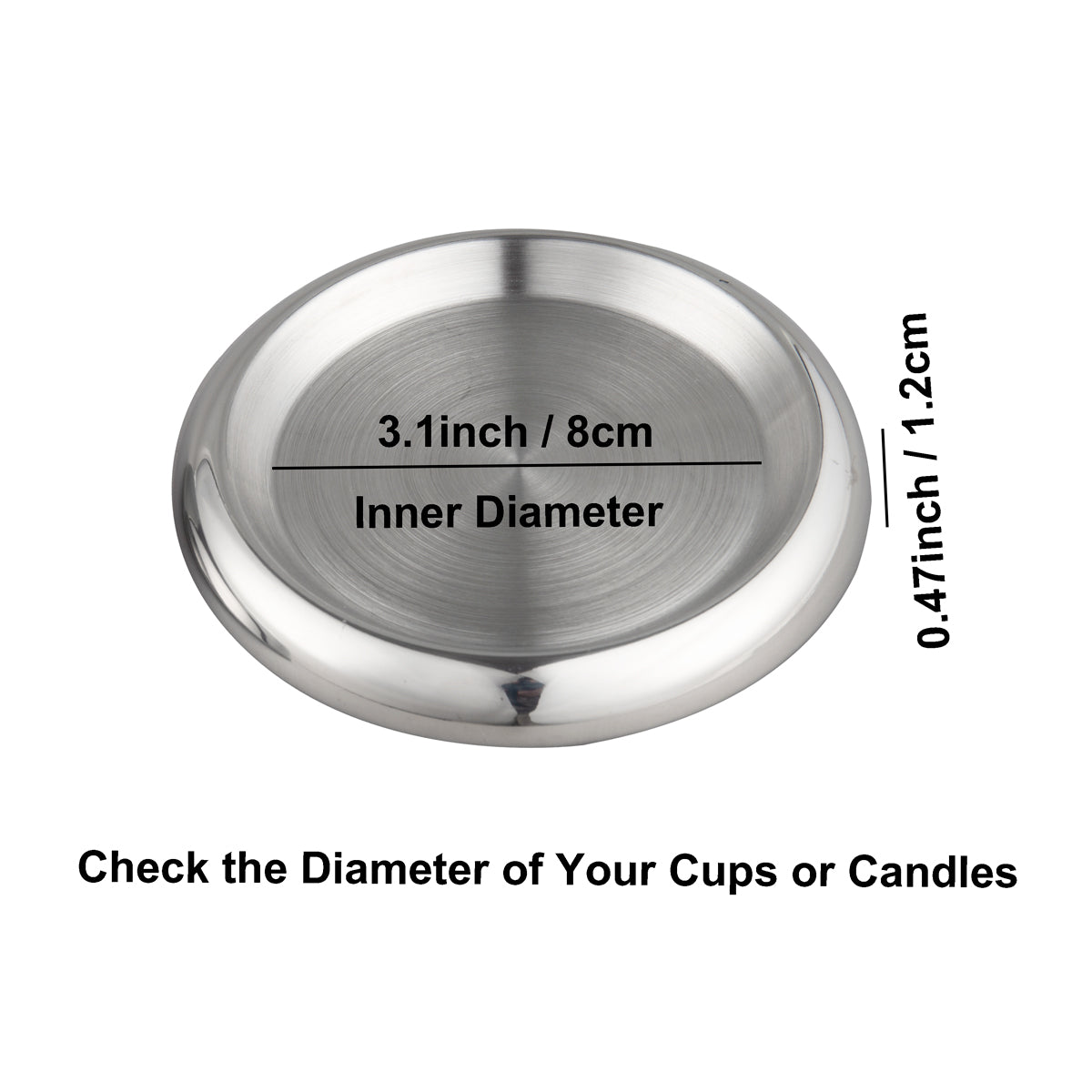 Stainless Steel Coaster set of 2 size diagram showing the inner diameter of 3.1 inches, designed for pillar candles and cups