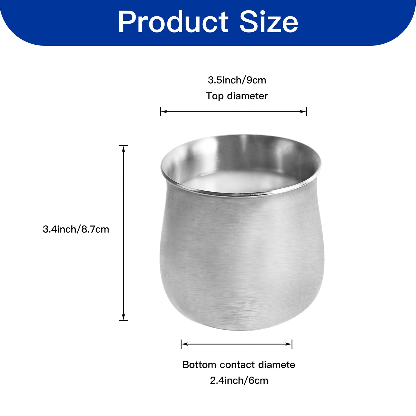 Tri Ply Stainless Steel Cereal Cup measurement guide with 3.4inch overall height and diameter dimensions
