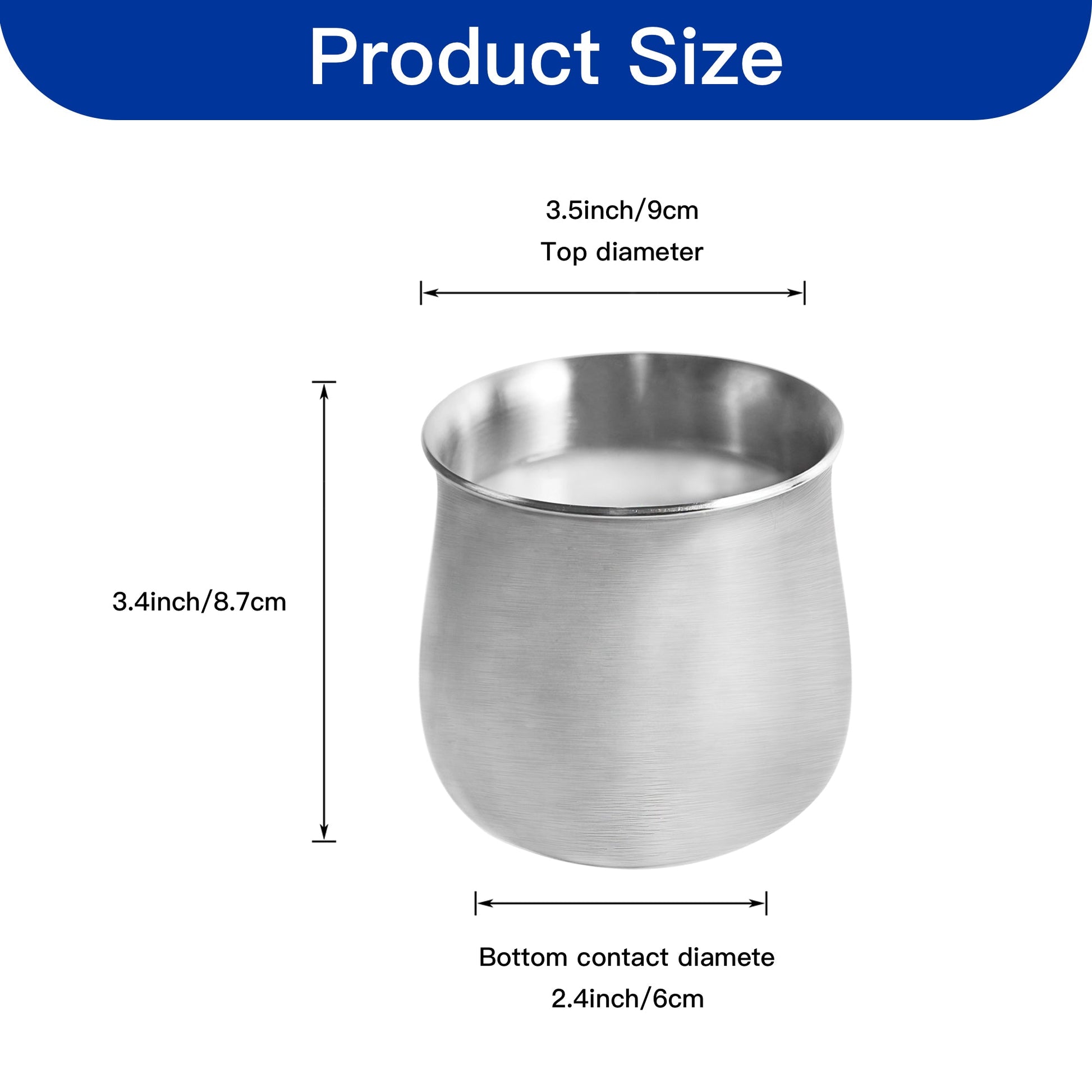 Tri Ply Stainless Steel Cereal Cup measurement guide with 3.4inch overall height and diameter dimensions