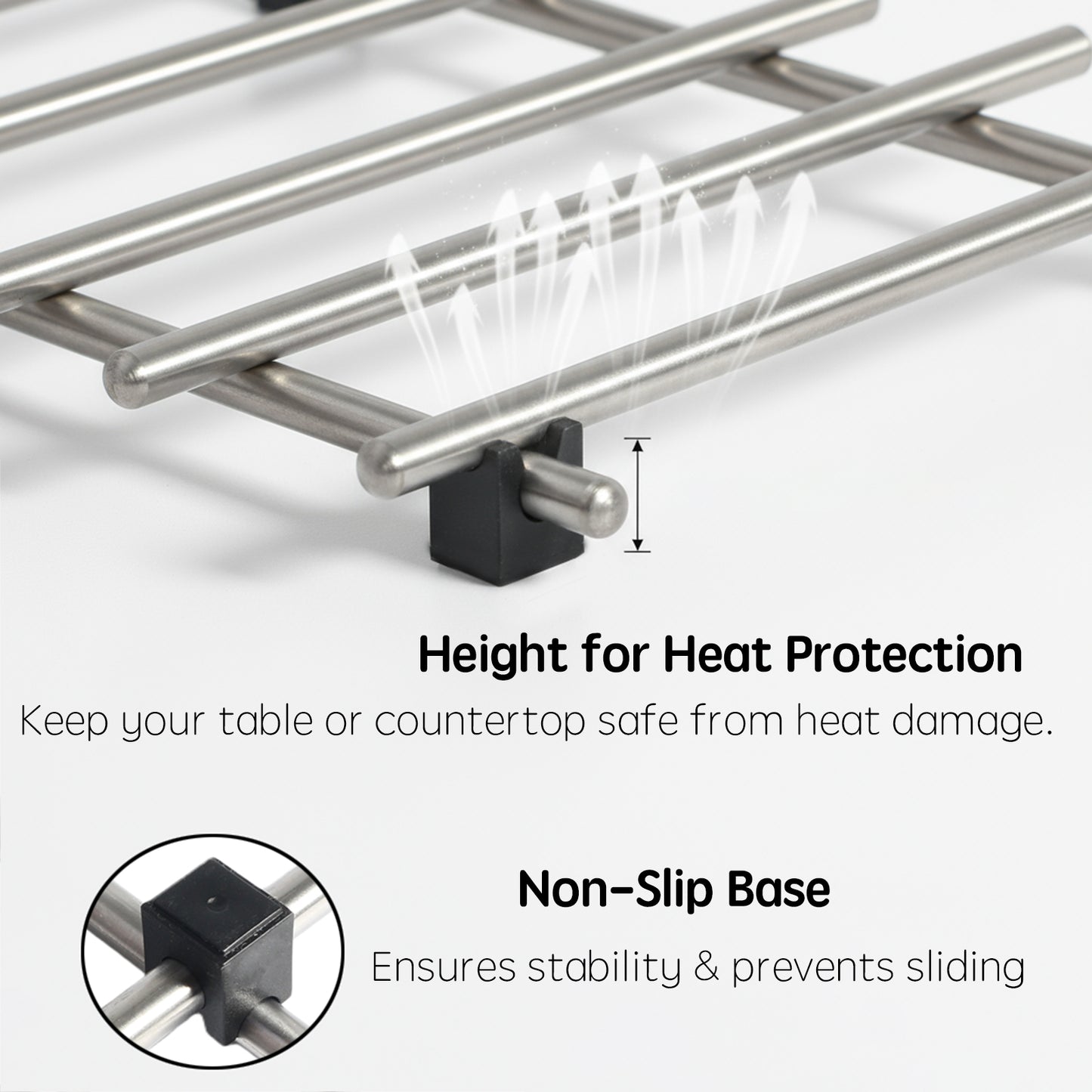 Close-up of IMEEA trivet with non-slip plastic feet to prevent scratches on kitchen surfaces