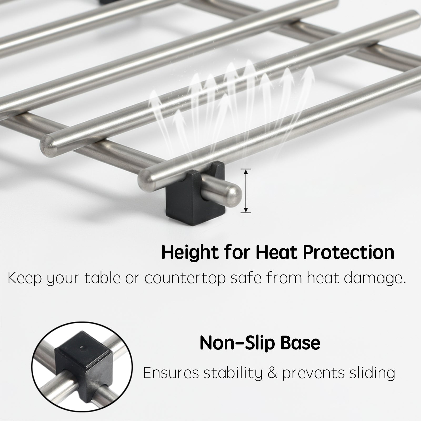 Close-up of IMEEA trivet with non-slip plastic feet to prevent scratches on kitchen surfaces