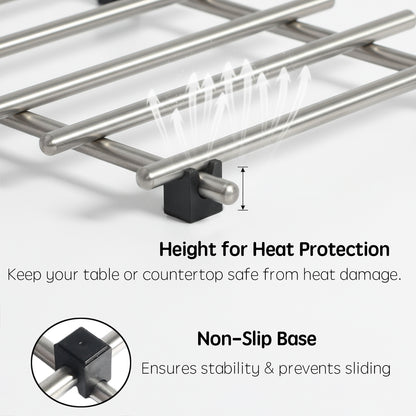 Close-up of IMEEA trivet with non-slip plastic feet to prevent scratches on kitchen surfaces
