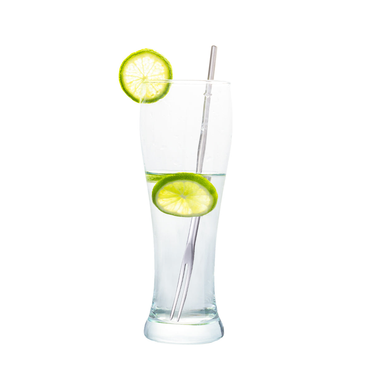 SUS304 Stainless Steel Cocktail Fork with Long Handle placed in a drink glass