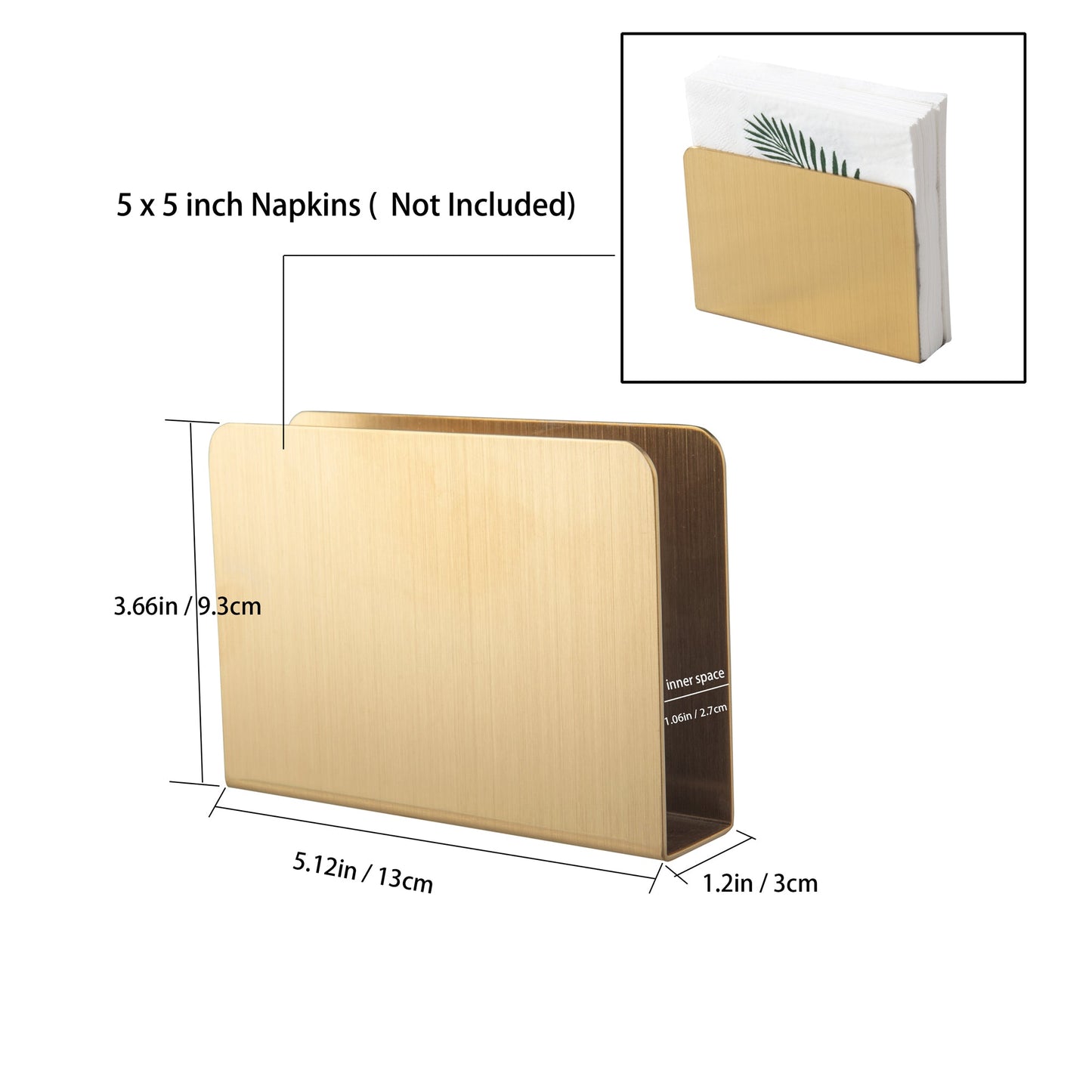IMEEA gold stainless steel cocktail napkin holder showing 5.12-inch width, 3.66-inch height, and 1.2-inch depth