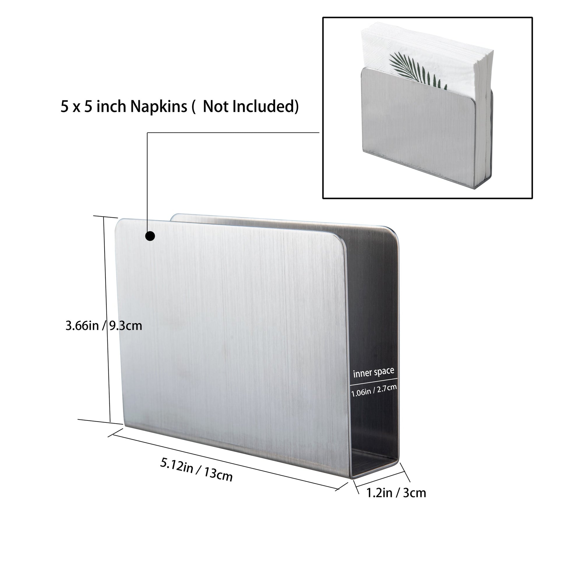 Stainless Steel Cocktail Napkin Holder size detail showing 5.12 inch width, 3.66 inch height, and fits 5x5 inch napkins