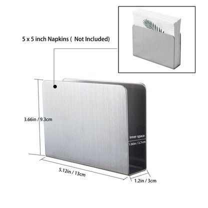 Stainless Steel Cocktail Napkin Holder size detail showing 5.12 inch width, 3.66 inch height, and fits 5x5 inch napkins
