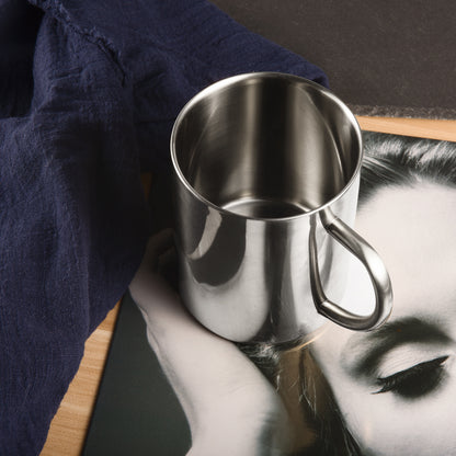 Stainless Steel Double Wall Coffee Mug Close-Up Showing Brushed Texture and Ergonomic Handle for Comfortable Grip