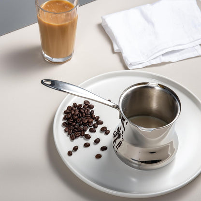 IMEEA 18/10 Stainless Steel Coffee Pot placed on a tray with coffee beans