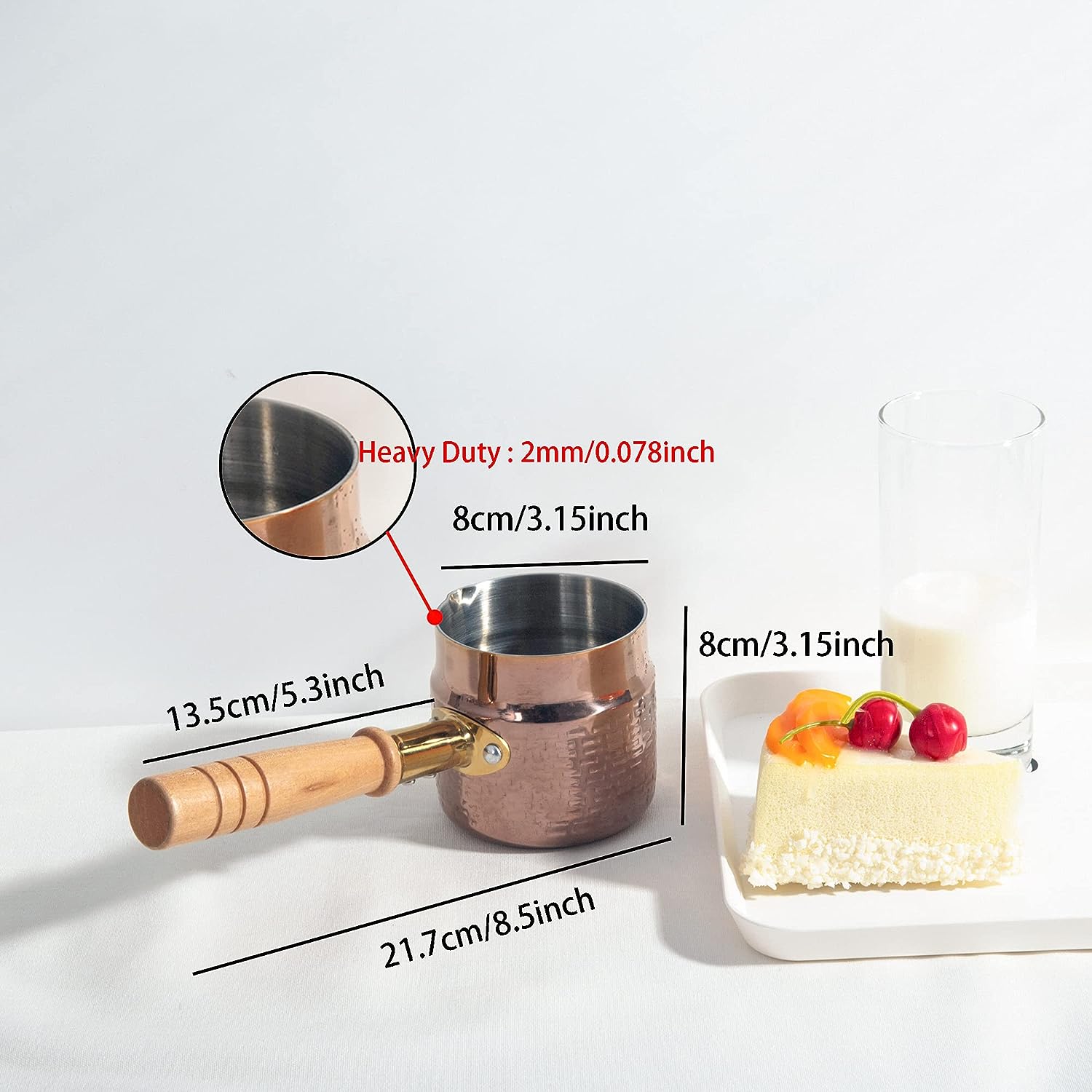 IMEEA Turkish Coffee Pot size details showing 3.15inch height, 3.15inch opening diameter and 5.3inch wooden handle